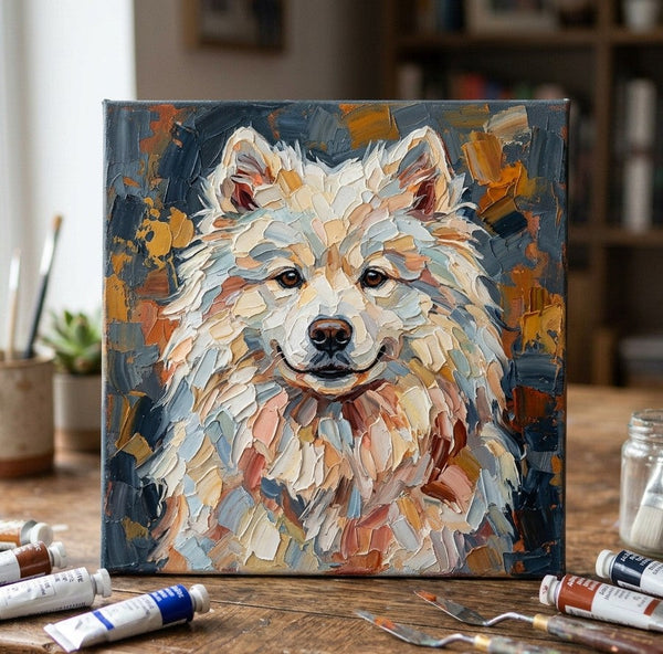 Abstract Pet Portrait Painting, Samoyed Dog Portrait, Hand Painted Canvas Art, Impasto Artwork, Original Acrylic Paintings, Heavy Texture Painting, Small Art on Canvas-Grace Painting Crafts