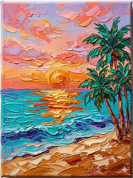 Hand Painted Canvas Art, Small Art on Canvas, Seashore Palm Tree Sunset Painting, Original Acrylic Paintings, Impasto Artwork, Heavy Texture Painting, Original Lanscape Art-Grace Painting Crafts