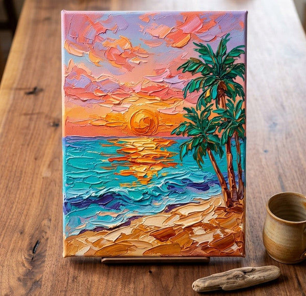 Hand Painted Canvas Art, Small Art on Canvas, Seashore Palm Tree Sunset Painting, Original Acrylic Paintings, Impasto Artwork, Heavy Texture Painting, Original Lanscape Art-Grace Painting Crafts