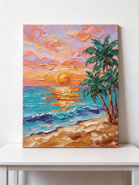 Hand Painted Canvas Art, Small Art on Canvas, Seashore Palm Tree Sunset Painting, Original Acrylic Paintings, Impasto Artwork, Heavy Texture Painting, Original Lanscape Art