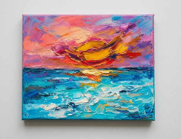 Small Art on Canvas, Seashore Sunset Painting, Hand Painted Canvas Art, Original Acrylic Paintings, Impasto Artwork, Heavy Texture Painting-Grace Painting Crafts