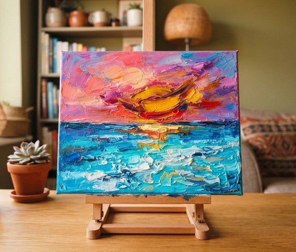 Small Art on Canvas, Seashore Sunset Painting, Hand Painted Canvas Art, Original Acrylic Paintings, Impasto Artwork, Heavy Texture Painting-Grace Painting Crafts