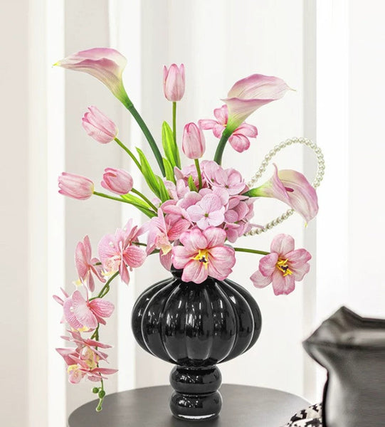 Black Glaze Vase, Contemporary Vases for Modern Home Decor, Black Glass Bud Vases, Handmade Liuli Vases, Centerpiece Vases on Table-Grace Painting Crafts