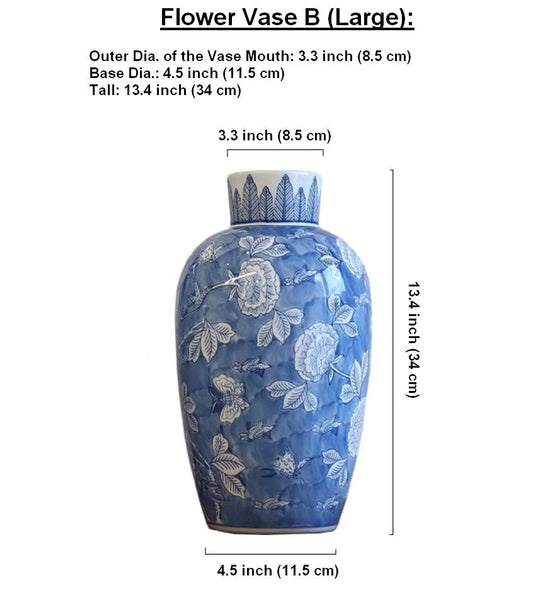 Large Flower Vases on Dining Table, Blue Porcelain Flower Vases, Centerpiece Ceramic Bouquet Vases, Handmade Modern Flower Vase-Grace Painting Crafts