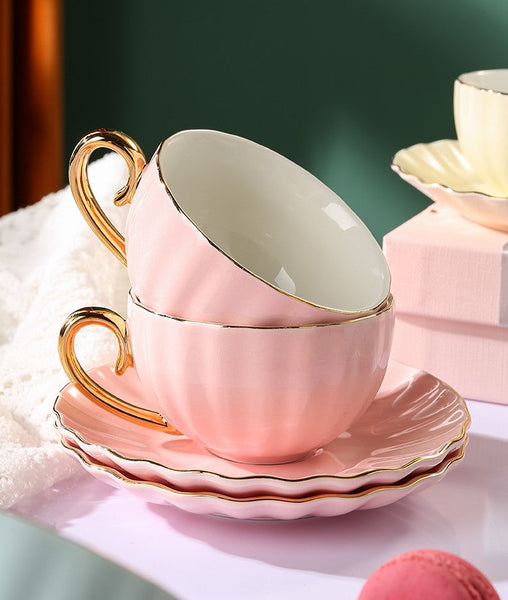 Elegant Macaroon Ceramic Coffee Cups, 6.8 oz Tea Cup and Saucer Set of 2 Cups in Gift Box as Birthday Gift, Beautiful British Tea Cups, Creative Porcelain Tea Cup Set-Grace Painting Crafts