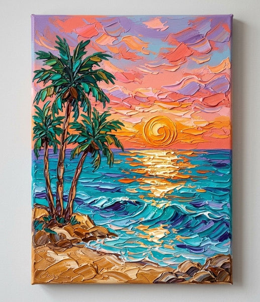 Small Art on Canvas, Seashore Palm Tree Sunset Painting, Hand Painted Canvas Art, Original Acrylic Paintings, Impasto Artwork, Heavy Texture Painting, Original Lanscape Art-Grace Painting Crafts