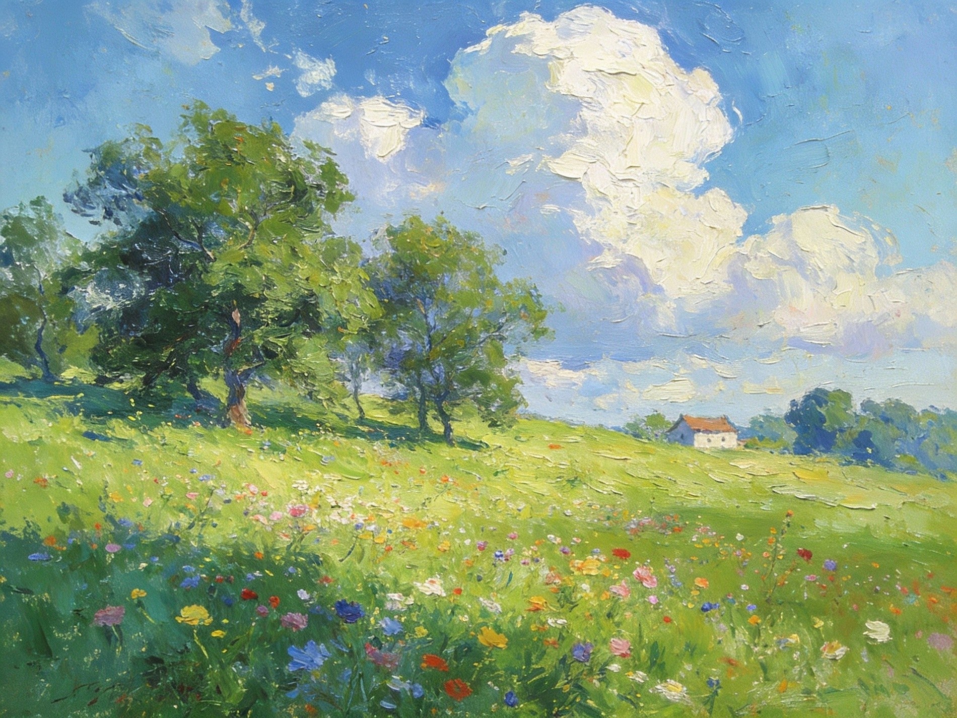Little Cottage On A Verdant Hillside Landscape, Original Hand Painted Small Acrylic Canvas Art
