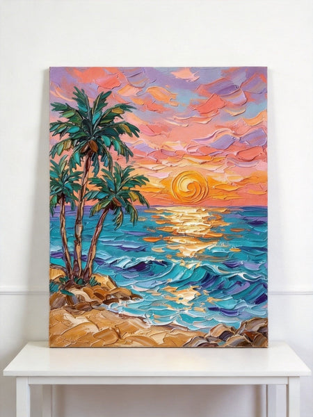 Small Art on Canvas, Seashore Palm Tree Sunset Painting, Hand Painted Canvas Art, Original Acrylic Paintings, Impasto Artwork, Heavy Texture Painting, Original Lanscape Art-Grace Painting Crafts