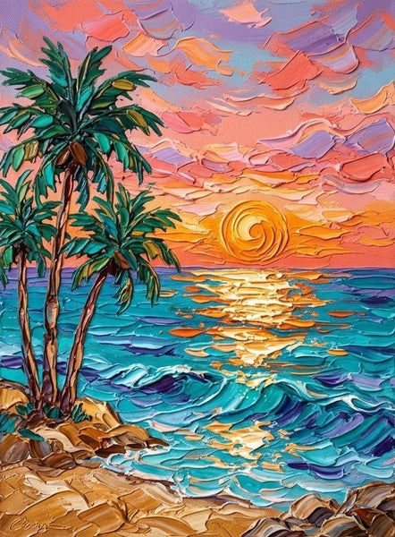 Small Art on Canvas, Seashore Palm Tree Sunset Painting, Hand Painted Canvas Art, Original Acrylic Paintings, Impasto Artwork, Heavy Texture Painting, Original Lanscape Art-Grace Painting Crafts