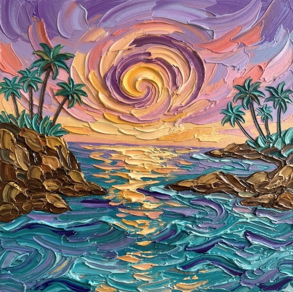 Hand Painted Canvas Art, Seashore Sunrise Paintings, Original Acrylic Paintings, Impasto Paintings, Heavy Texture Artwork-Grace Painting Crafts