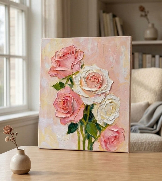 Original Still Life Paintings, Heavy Texture Canvas Art, Pink Rose Flower Painting, Original Flower Paintings, Small Canvas Artwork