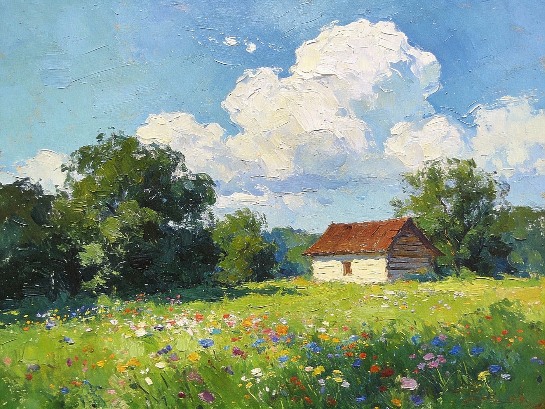 Cottage On The Green Under Open Sky Pastoral, Original Hand Painted Small Acrylic Canvas Art