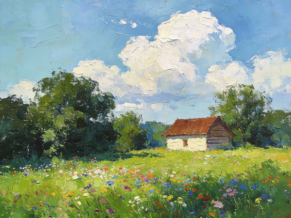 Cottage on the Green, Under an Open Sky, Hand Painted Canvas Art, On Canvas Small Paintings, Small Landscape Paintings, Original Oil Paintings, Small Paintings As Birthday Gift-Grace Painting Crafts