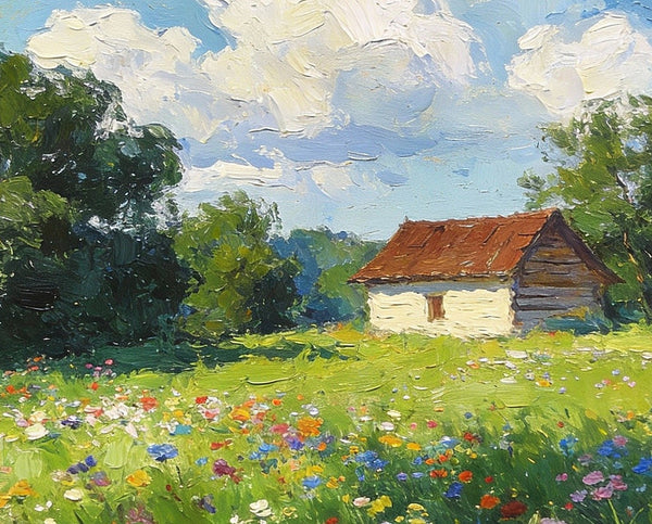 Cottage on the Green, Under an Open Sky, Hand Painted Canvas Art, On Canvas Small Paintings, Small Landscape Paintings, Original Oil Paintings, Small Paintings As Birthday Gift-Grace Painting Crafts