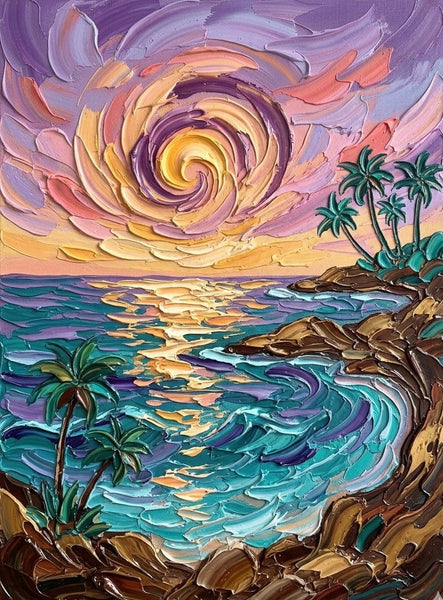 Small Art on Canvas, Seashore Palm Tree Sunrise Painting, Hand Painted Canvas Art, Original Acrylic Paintings, Impasto Artwork, Heavy Texture Painting, Original Lanscape Art-Grace Painting Crafts