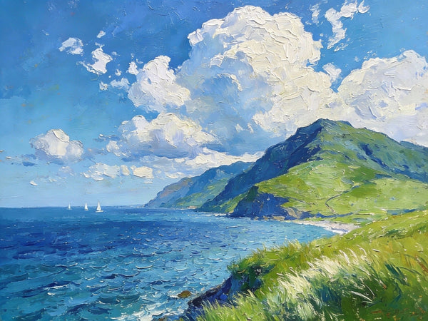 Small Wall Paintings, Coastal Seascape, Green Hills and Blue Waters, Impasto Artwork, On Canvas Small Paintings, Original Wall Art Paintings, Original Artwork Small Paintings, Small Landscape Paintings-Grace Painting Crafts
