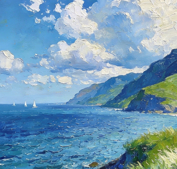 Small Wall Paintings, Coastal Seascape, Green Hills and Blue Waters, Impasto Artwork, On Canvas Small Paintings, Original Wall Art Paintings, Original Artwork Small Paintings, Small Landscape Paintings-Grace Painting Crafts