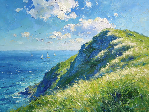 Hillside by the Sea, Swept by the Wind, Small Landscape Paintings, Small Oil Paintings on Canvas, Hand Painted Canvas Art,Heavy Texture Artwork, Original Oil Paintings-Grace Painting Crafts
