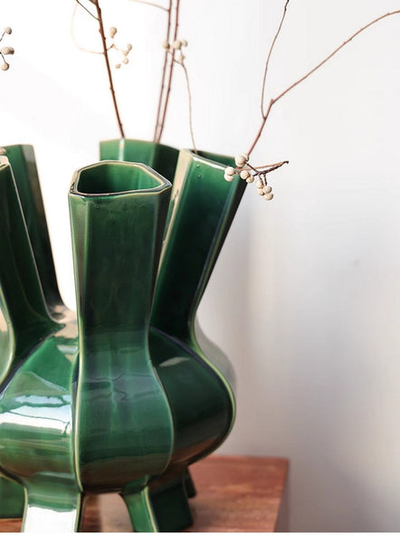 Unique Handmade Modern Flower Vase, Centerpiece Ceramic Bouquet Vases, Contemporary Vases on Dining Table, Green Porcelain Vases for Modern Home Decor-Grace Painting Crafts