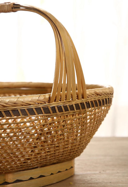 Natural Hand-woven Bamboo Basket, Natural Fruit Basket Kitchen Storage Baskets, Extra Large Picnic Food Basket with Handle, Lovely Bamboo Baskets for Vegetable-Grace Painting Crafts