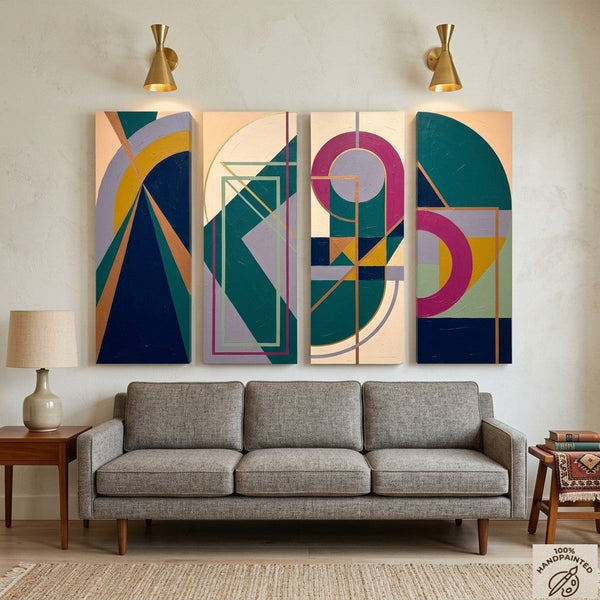 Large Modern Contemporary Paintings, Hand Painted Canvas Art, Multi Panel Wall Art Paintings, Geometric Abstract Artwork