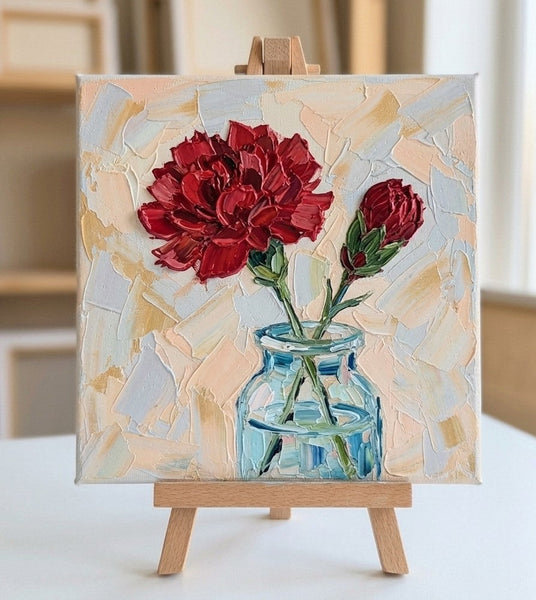 Small Canvas Artwork, Hand Painted Canvas Art, Red Carnations in Glass Vase, Still Life Painting, Original Acrylic Flower Paintings, Impasto Artwork-Grace Painting Crafts