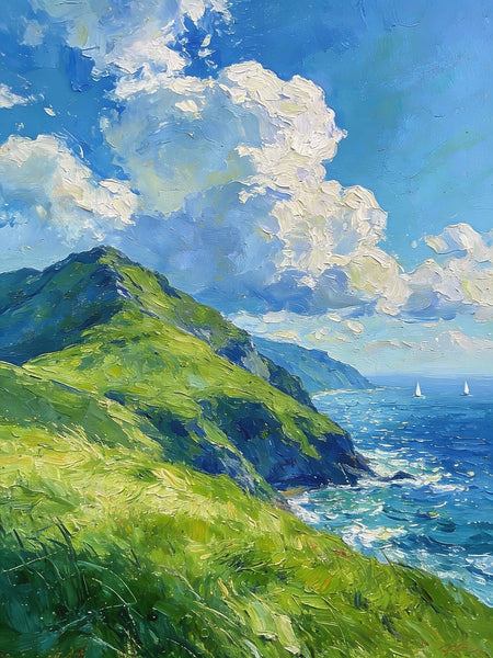 Seashore Paintings, Mountains Meet the Azure Sea, Heavy Texture Oil Paintings, On Canvas Small Paintings, Hand Painted Canvas Art, Original Small Paintings-Grace Painting Crafts