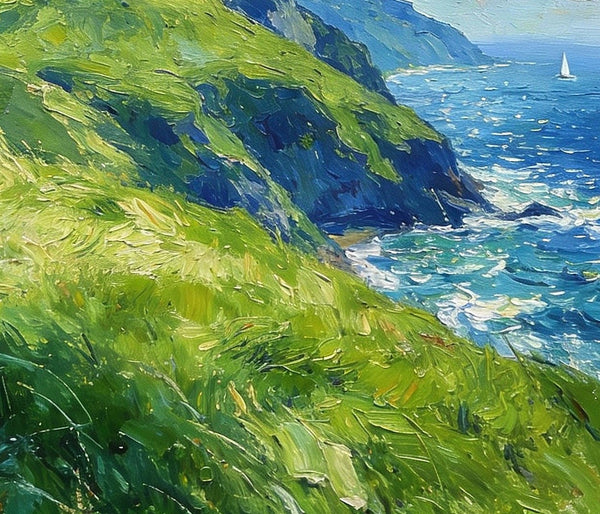 Seashore Paintings, Mountains Meet the Azure Sea, Heavy Texture Oil Paintings, On Canvas Small Paintings, Hand Painted Canvas Art, Original Small Paintings-Grace Painting Crafts