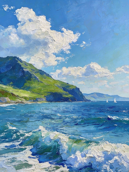 Coastal View, Mountains, Sea, and Clouds, Landscape Small Paintings, Original Artwork Small Paintings, Hand Painted Wall Art, Heavy Texture Oil Paintings, On Canvas Small Paintings-Grace Painting Crafts
