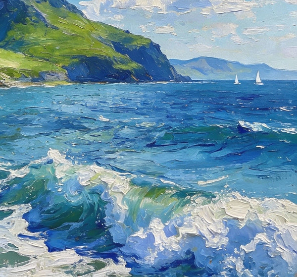 Coastal View, Mountains, Sea, and Clouds, Landscape Small Paintings, Original Artwork Small Paintings, Hand Painted Wall Art, Heavy Texture Oil Paintings, On Canvas Small Paintings-Grace Painting Crafts