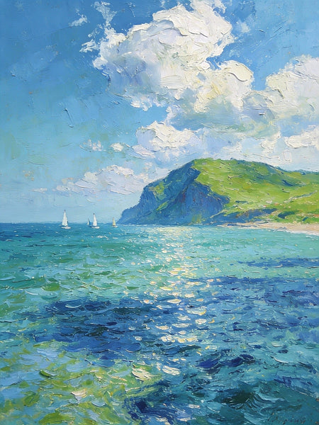 Sailboat in a Sheltered Bay, Landscape Small Paintings, Small Paintings on Wall, Original Small Paintings on Canvas, Heavy Texture Oil Paintings, Small Paintings on Canvas-Grace Painting Crafts