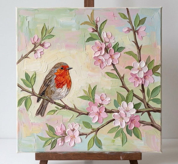 Abstract Robin Bird Painting, Original Acrylic Paintings, Impasto Artwork, Hand Painted Canvas Art, Small Art on Canvas, Heavy Texture Painting, Ready to Hang-Grace Painting Crafts