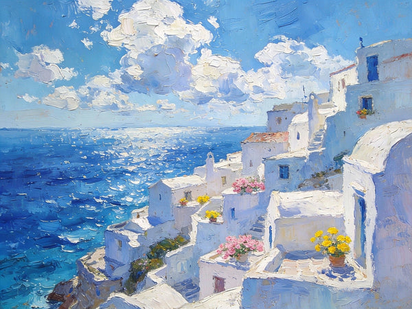 Summer's Day on the Aegean Blue Sea, Palette Knife Artwork, Small Landscape Paintings, Original Oil Paintings, Small Oil Paintings on Canvas, Hand Painted Canvas Art-Grace Painting Crafts
