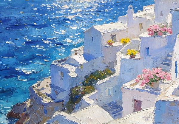 Summer's Day on the Aegean Blue Sea, Palette Knife Artwork, Small Landscape Paintings, Original Oil Paintings, Small Oil Paintings on Canvas, Hand Painted Canvas Art-Grace Painting Crafts