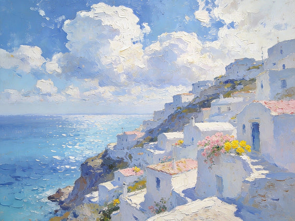 Santorini - White Villages by the Sea, Simple Painting Ideas, Small Wall Paintings, Landscape Canvas Paintings, On Canvas Small Paintings, Hand Painted Wall Art-Grace Painting Crafts