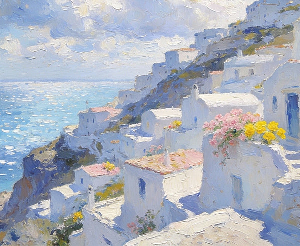 Santorini - White Villages by the Sea, Simple Painting Ideas, Small Wall Paintings, Landscape Canvas Paintings, On Canvas Small Paintings, Hand Painted Wall Art-Grace Painting Crafts