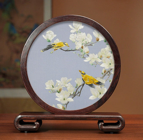 Creative Birthday Gift, Flower and Birds Embroidery Ornaments, Traditional Chinese Suzhou Silk Embroidered Ornament, Premium Souvenir, Exclusive Business Presents-Grace Painting Crafts