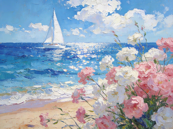 Blooms by the Shore, A Sailboat’s Journey, Simple Painting Ideas, Hand Painted Wall Art, Small Wall Paintings, Landscape Canvas Paintings, On Canvas Small Paintings-Grace Painting Crafts