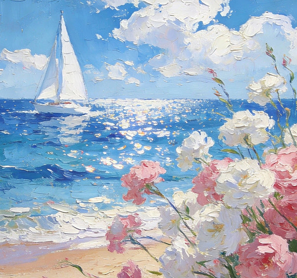 Blooms by the Shore, A Sailboat’s Journey, Simple Painting Ideas, Hand Painted Wall Art, Small Wall Paintings, Landscape Canvas Paintings, On Canvas Small Paintings-Grace Painting Crafts