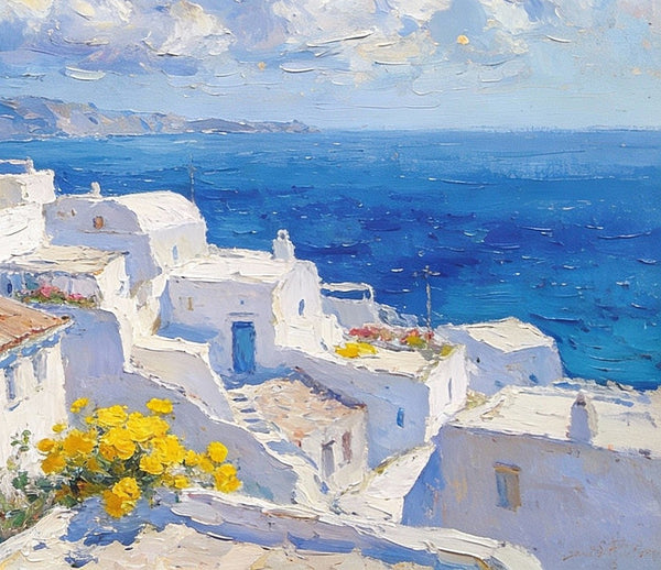 Original Canvas Paintings, Azure Dreams of the Aegean, Small Oil Paintings on Canvas, Palette Knife Artwork, Landscape Oil Paintings, Hand Painted Wall Art-Grace Painting Crafts