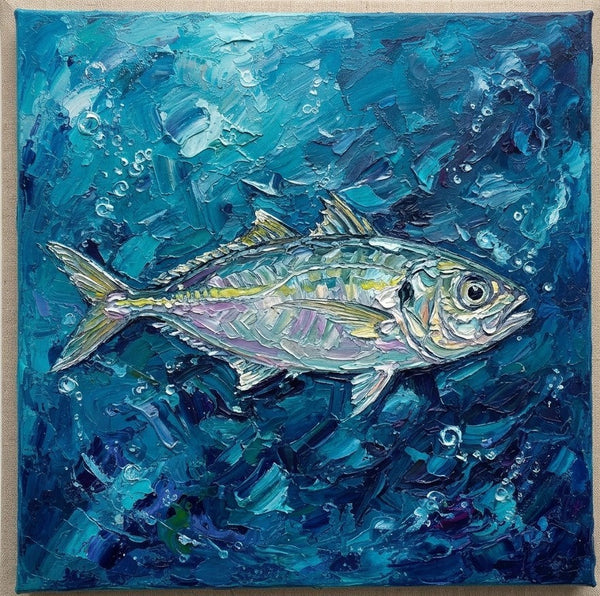 Small Art on Canvas, Blue Scad Fish Painting, Original Acrylic Paintings, Hand Painted Canvas Art, Heavy Texture Painting, Ready to Hang, Impasto Artwork-Grace Painting Crafts