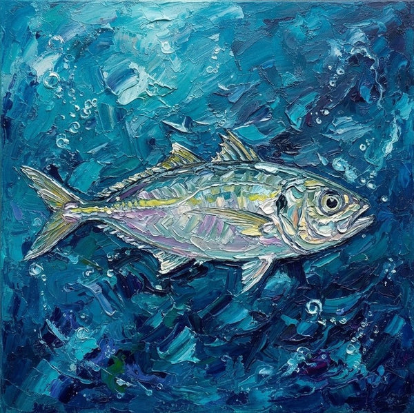 Small Art on Canvas, Blue Scad Fish Painting, Original Acrylic Paintings, Hand Painted Canvas Art, Heavy Texture Painting, Ready to Hang, Impasto Artwork-Grace Painting Crafts
