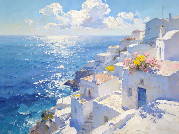 Small Wall Paintings, Santorini Impressions, White Villages by the Azure Sea, Simple Painting Ideas, Hand Painted Wall Art, Landscape Canvas Paintings, On Canvas Small Paintings-Grace Painting Crafts