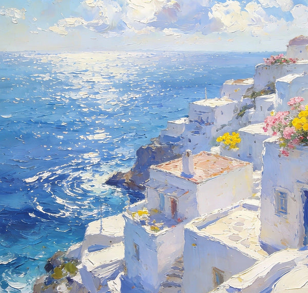 Small Wall Paintings, Santorini Impressions, White Villages by the Azure Sea, Simple Painting Ideas, Hand Painted Wall Art, Landscape Canvas Paintings, On Canvas Small Paintings-Grace Painting Crafts