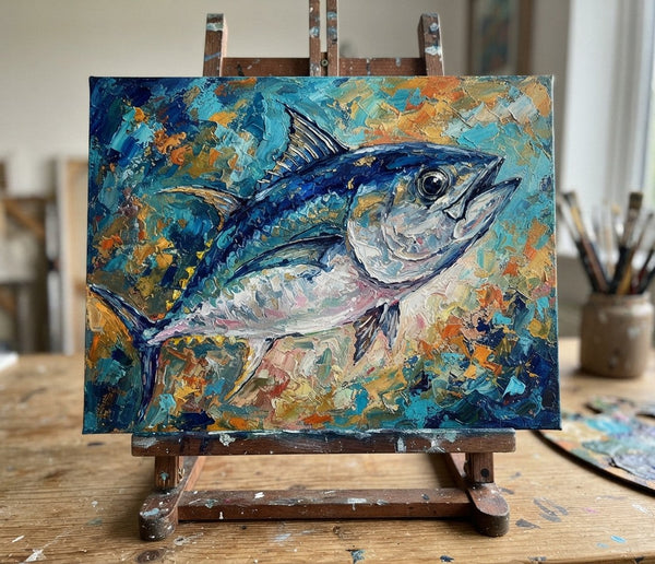 Ready to Hang Artwork, Bigeye Tuna Fish Painting, Original Acrylic Paintings, Small Art on Canvas, Heavy Texture Painting, Impasto Artwork, Hand Painted Canvas Art-Grace Painting Crafts