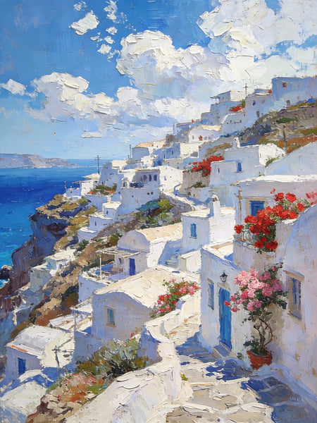 Cliffside Village, A Glimpse of the Aegean, Original Artwork Small Paintings, Hand Painted Canvas Art, On Canvas Small Paintings, Palette Knife Artwork, Landscape Canvas Paintings-Grace Painting Crafts