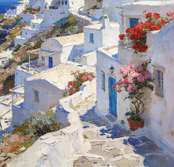 Cliffside Village, A Glimpse of the Aegean, Original Artwork Small Paintings, Hand Painted Canvas Art, On Canvas Small Paintings, Palette Knife Artwork, Landscape Canvas Paintings-Grace Painting Crafts