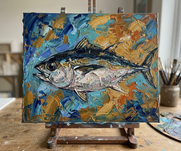 Original Acrylic Paintings, Ready to Hang Artwork, Bigeye Tuna Fish Painting, Small Art on Canvas, Heavy Texture Painting, Impasto Artwork, Hand Painted Canvas Art-Grace Painting Crafts