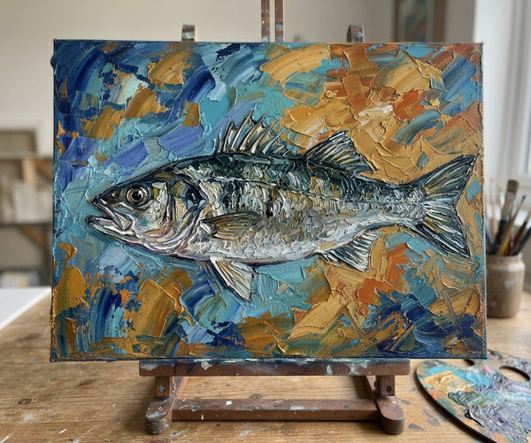 Original Acrylic Paintings, Small Art on Canvas, Sea Bass Fish Painting, Ready to Hang Artwork, Heavy Texture Painting, Impasto Artwork, Hand Painted Canvas Art