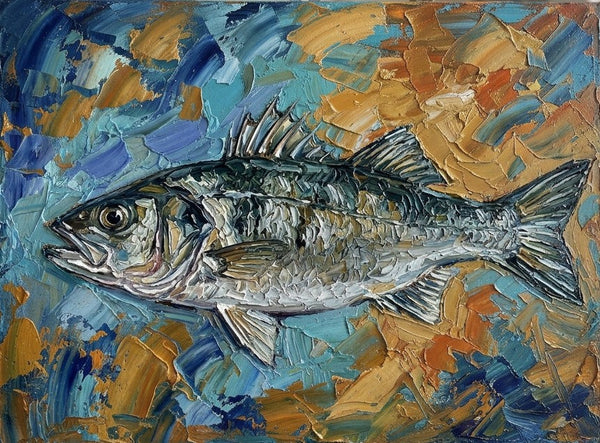 Original Acrylic Paintings, Small Art on Canvas, Sea Bass Fish Painting, Ready to Hang Artwork, Heavy Texture Painting, Impasto Artwork, Hand Painted Canvas Art